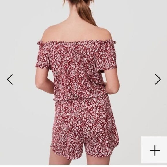 LOFT Beach Romper S Red Floral  Off Shoulder Resortwear Swim Cover-Up - Picture 2 of 9